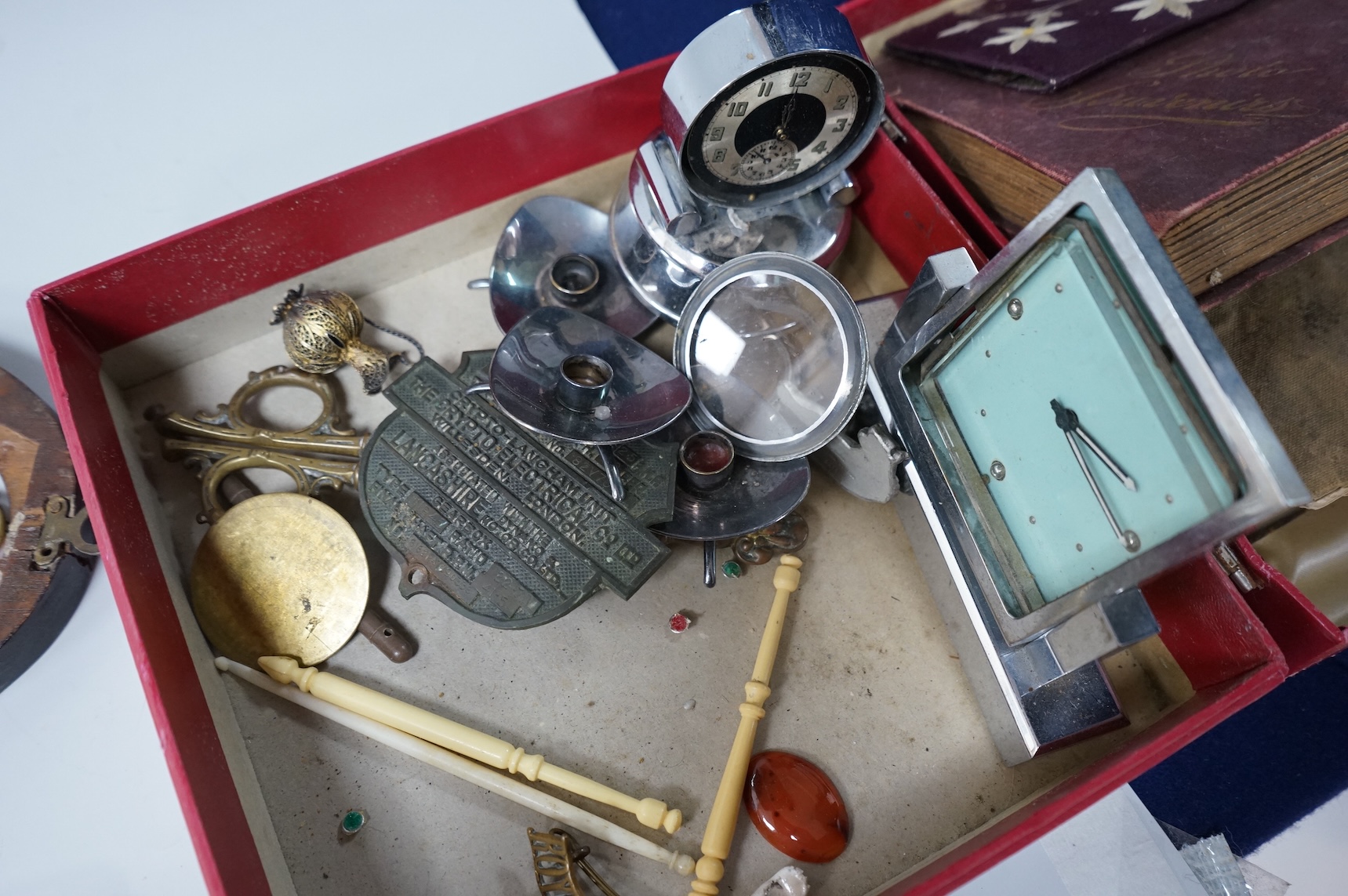 A group of various collectables to include timepieces, Danish metalware, firemark etc.